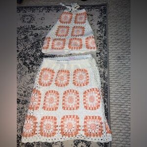 Pink Lilly Crochet Halter Top and Skirt - Cream, Orange, Pink size Large